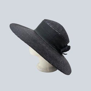 Vintage Womens Black Straw Hat Wide Brim Bow Band Italy Lady Rachel